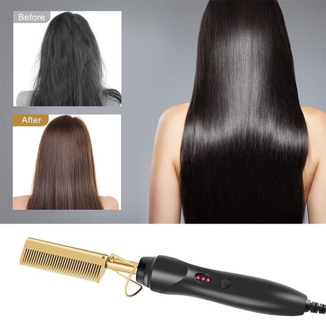 Elektrischer Glättkamm, schwarz-gold, für Haare und Bart, vor-nach Vergleich, Haarstyling.
