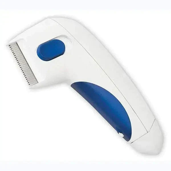 Elektrischer Läusekamm, weiß-blau, ergonomisch, zur effektiven Entfernung von Läusen.