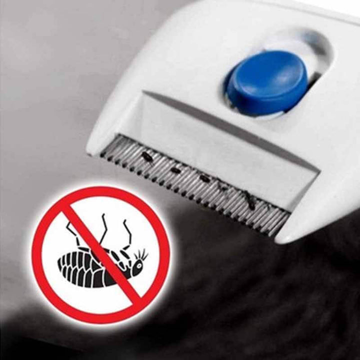 Elektrischer Läusekamm, weiß, mit blauem Knopf, Läusebekämpfung, hygienisch, effektiv.