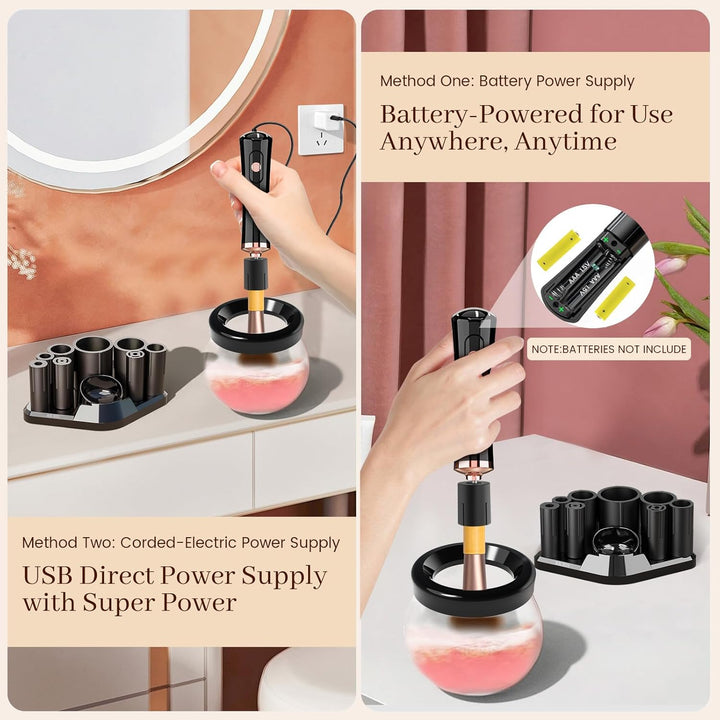 Elektrischer Make-up-Pinselreiniger, schwarz, batteriebetrieben, USB-Anschluss, kompakt.