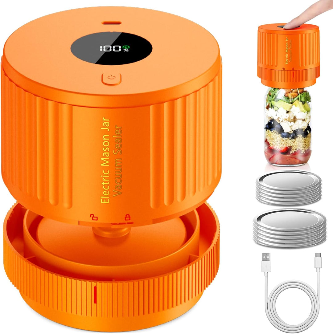 Elektrischer Vakuumierer für Einmachgläser, orange, mit USB-Kabel und Deckeln, Lebensmittelkonservierung.