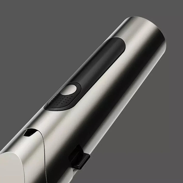 Elektrischer Edelstahl-Weinflaschenöffner, silber, modernes Design, ergonomischer Griff.