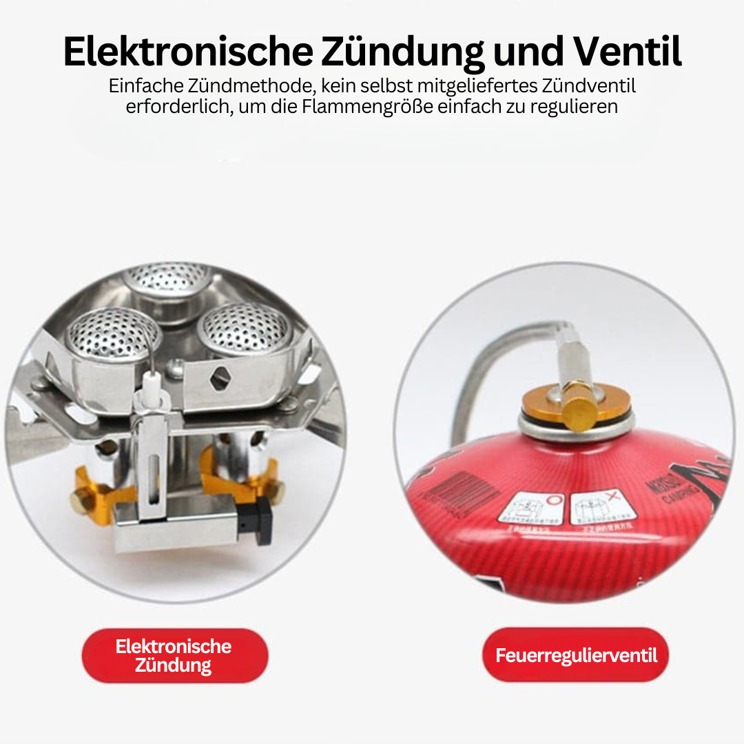 Elektronische Zündung und Feuerregulierventil für Campingkocher, silber und rot.