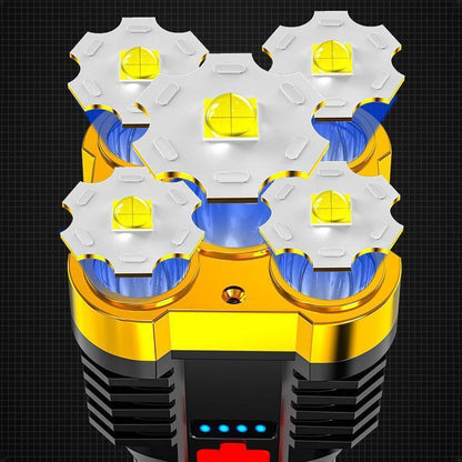 Elektrischer Rasierer mit fünf rotierenden Köpfen, goldfarben, LED-Anzeige, ergonomisches Design.