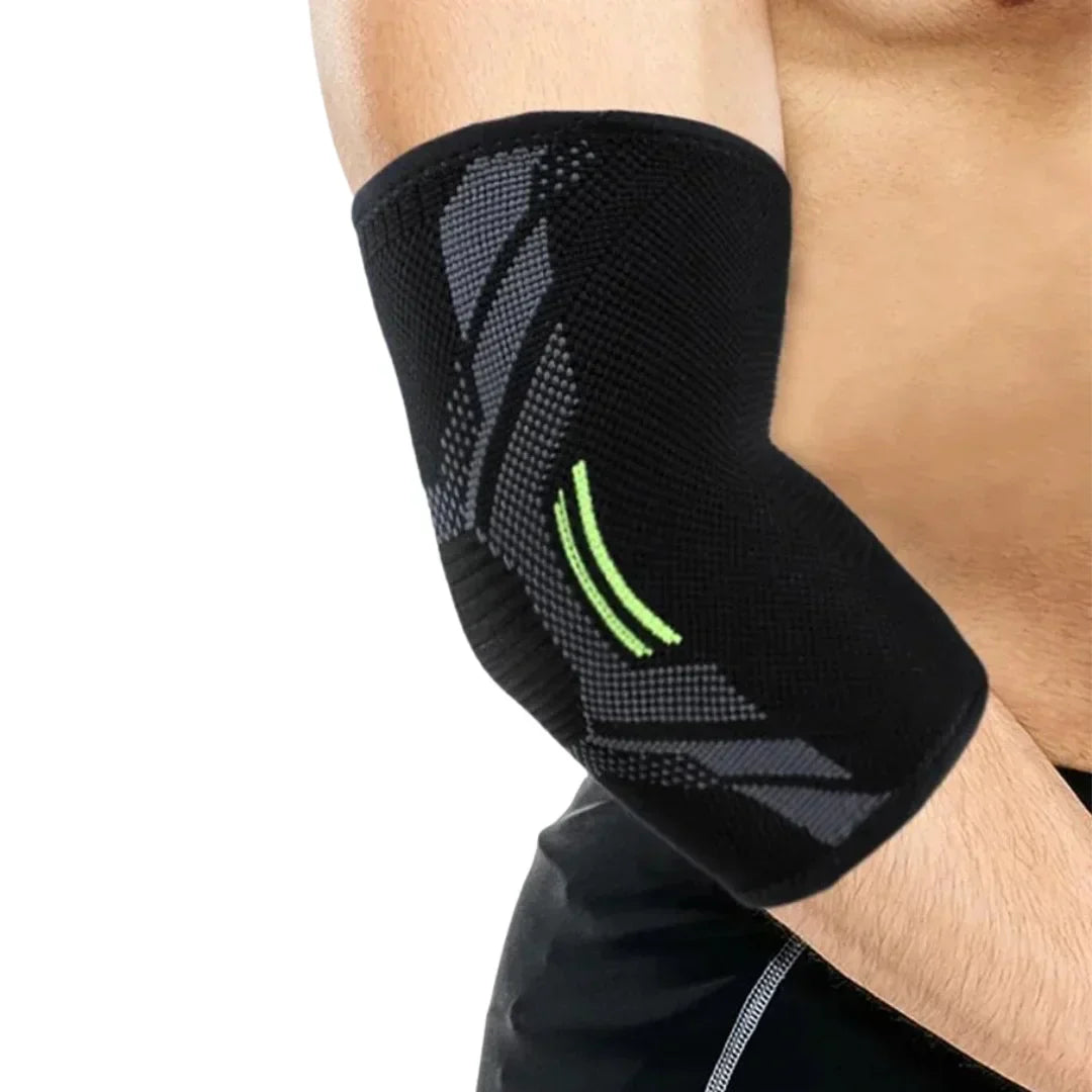 Schwarze Ellenbogenbandage mit grünem Muster, atmungsaktiv, für Sport und Unterstützung.