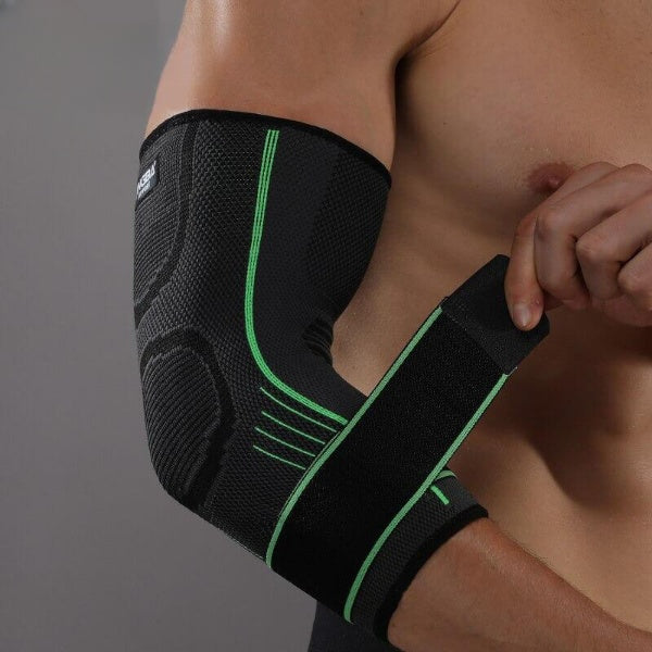 Schwarze Ellenbogenbandage mit grünen Streifen, Kompression, Sportunterstützung, Unisex.