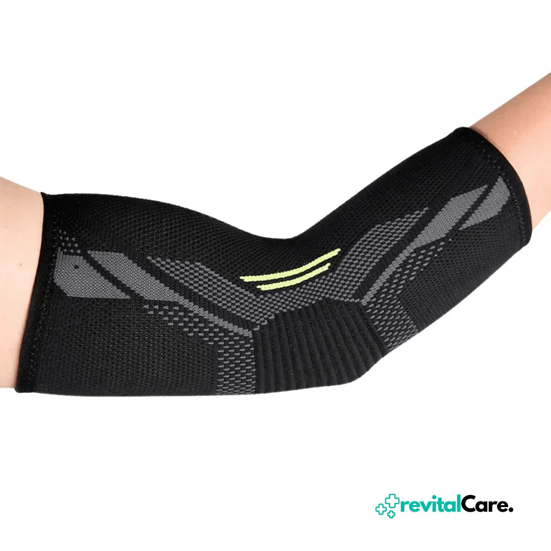 Schwarze Ellenbogenbandage, atmungsaktiv, elastisch, für Sport und Unterstützung.