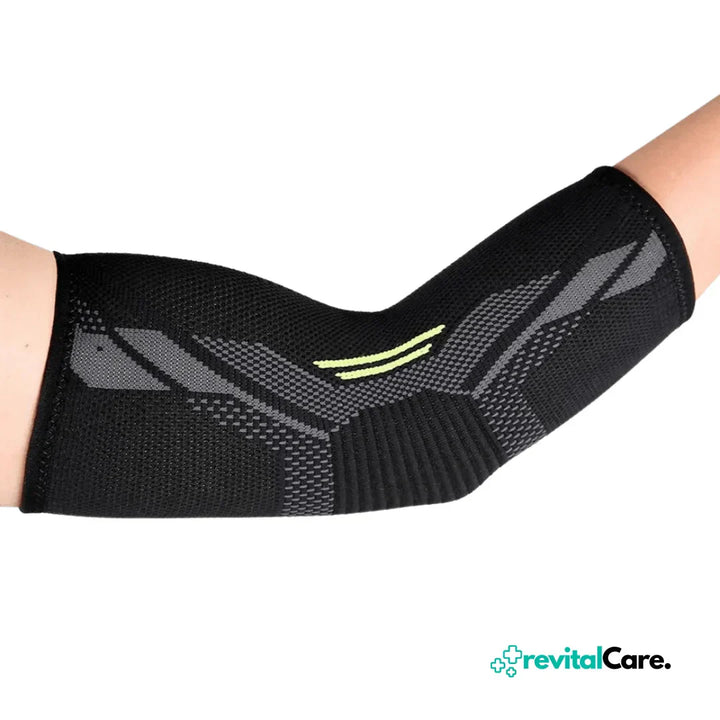Schwarze Ellenbogenbandage, atmungsaktiv, elastisch, für Sport und Unterstützung.