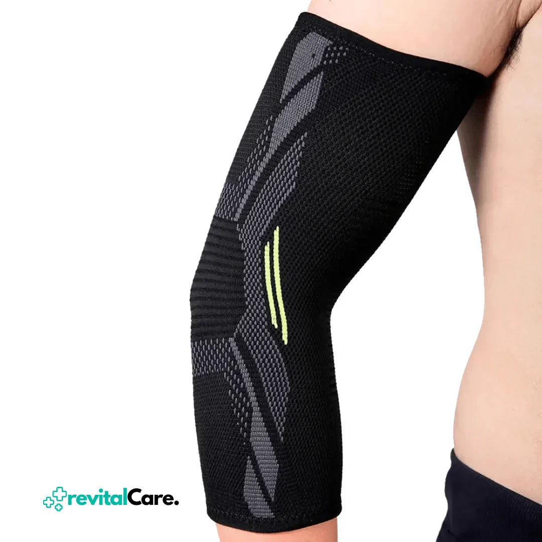 Schwarze Ellenbogenbandage, atmungsaktiv, Kompression, Sport, RevitalCare.