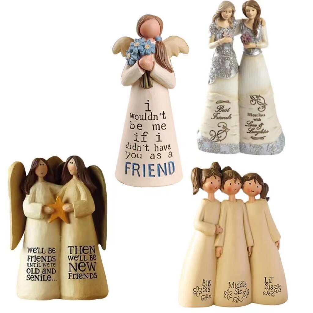 Vier Engel-Figuren mit Sprüchen, aus Keramik, ideal als Geschenk für Freunde und Geschwister.