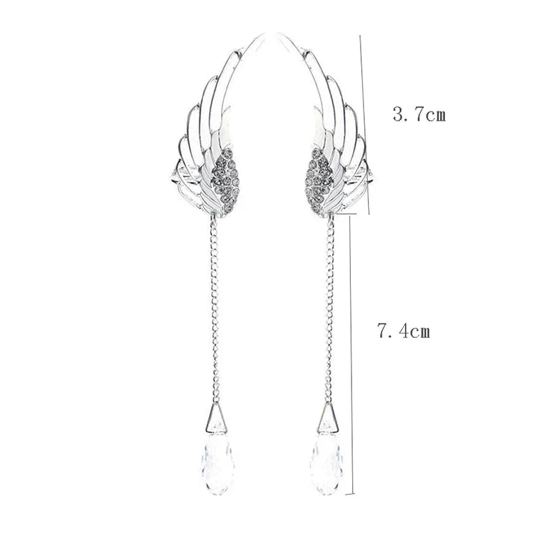 Silberne Engelsflügel-Ohrringe mit Kristalltropfen, modisch, elegant, 3,7 cm x 7,4 cm.