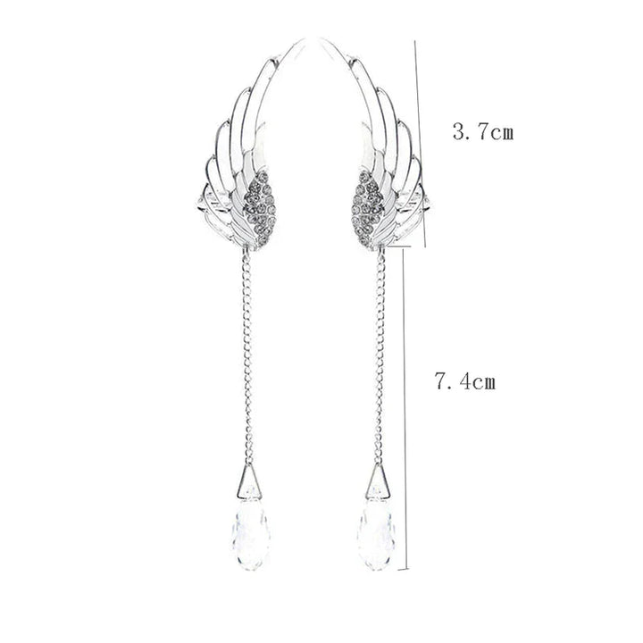 Silberne Engelsflügel-Ohrringe mit Kristalltropfen, modisch, elegant, 3,7 cm x 7,4 cm.
