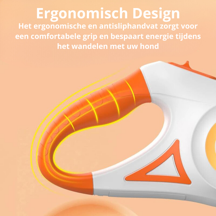 Ergonomischer orange-weißer Hundeleinen-Griff mit rutschfestem Design für komfortables Gehen.