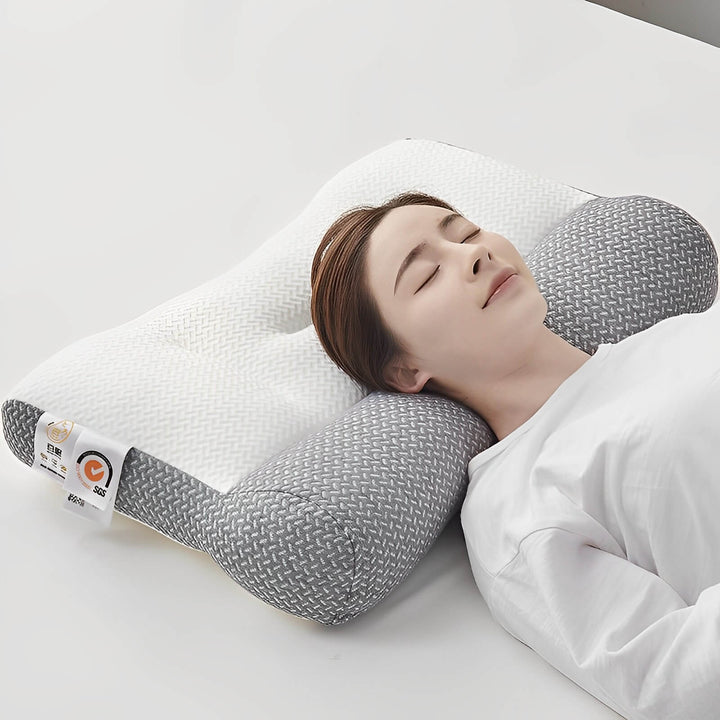 Orthopädisches Nackenstützkissen, ergonomisch, Memory-Schaum, weiß-grau, für besseren Schlaf.