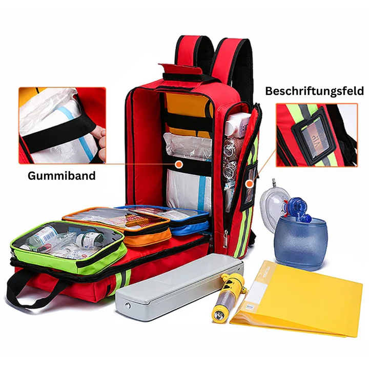 Roter Erste-Hilfe-Rucksack mit Fächern, Gummiband, Beschriftungsfeld, Notfallausrüstung.