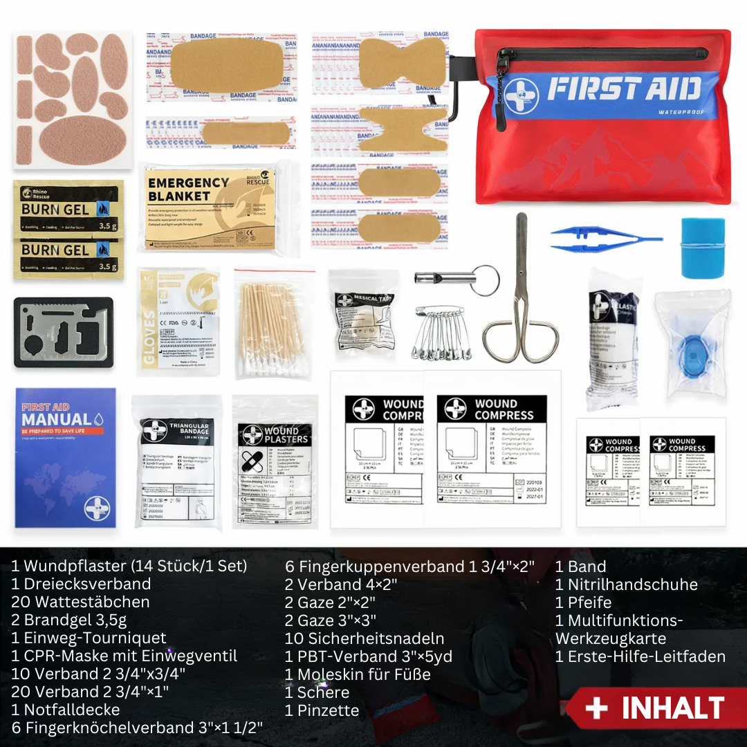 Erste-Hilfe-Set mit Pflastern, Verbänden, Schere, Pinzette, Anleitung und Notfalldecke.