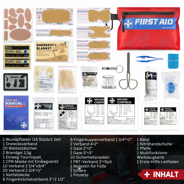 Erste-Hilfe-Set mit Pflastern, Verbänden, Schere, Pinzette, Anleitung und Notfalldecke.