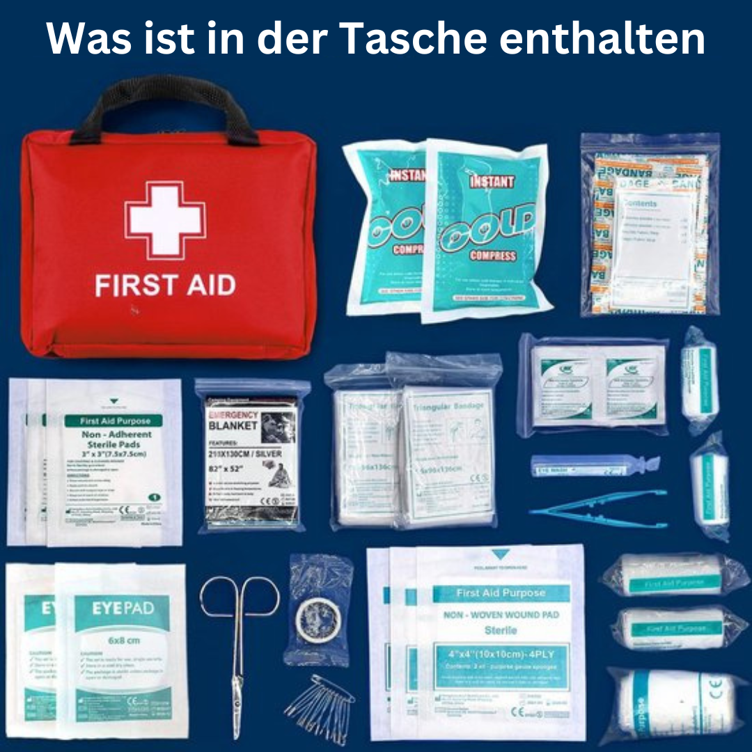 Rotes Erste-Hilfe-Set mit medizinischen Utensilien, Verbänden und Kühlkompressen.