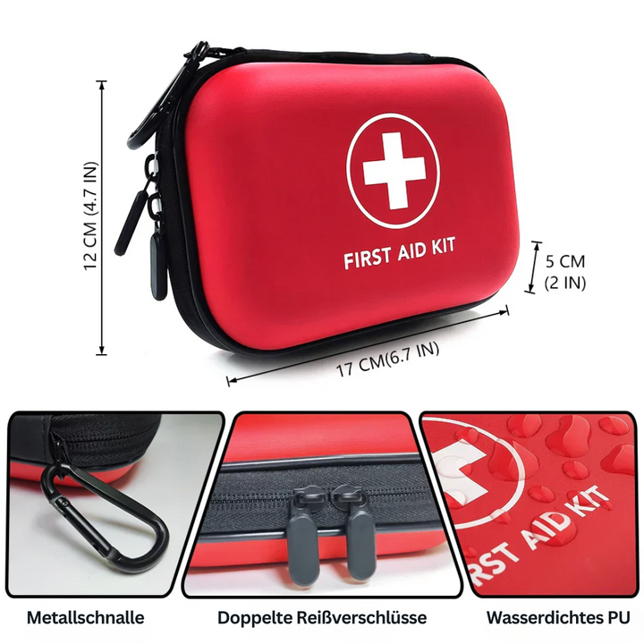 Rotes Erste-Hilfe-Set, wasserdicht, mit doppeltem Reißverschluss und Metallschnalle.