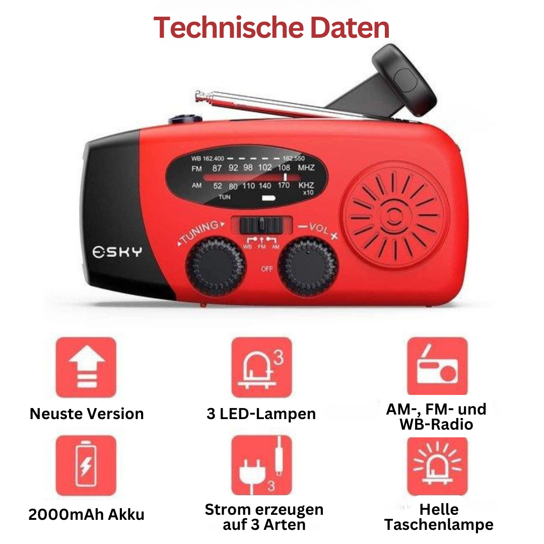 Rotes Esky Notfallradio mit AM/FM/WB, 2000mAh Akku, LED-Lampen, Taschenlampe, Kurbel, Solar.