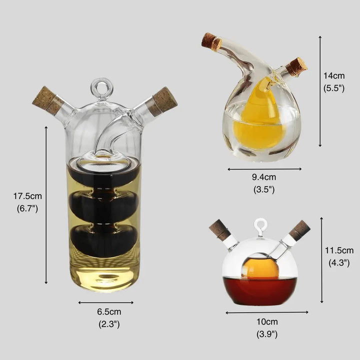 Glasflaschen-Set mit Korken für Öl und Essig, verschiedene Größen, transparentes Design.