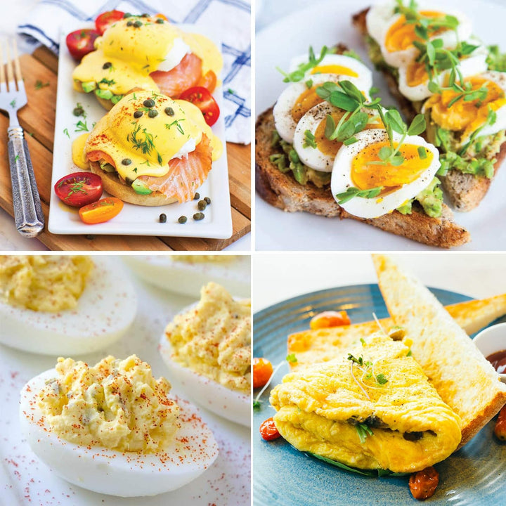 Vier Frühstücksgerichte mit Eiern, Avocado und Tomaten auf Tellern, appetitlich angerichtet.