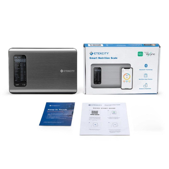 Etekcity Smart Nutrition Waage, Edelstahl, Bluetooth, digitale Küchenwaage, Verpackung und Anleitung.