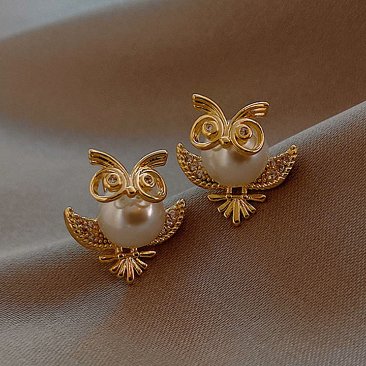 Goldene Eulen-Ohrringe mit Perlen, Damen-Schmuck, modisch, Tierdesign, Strass, elegant.