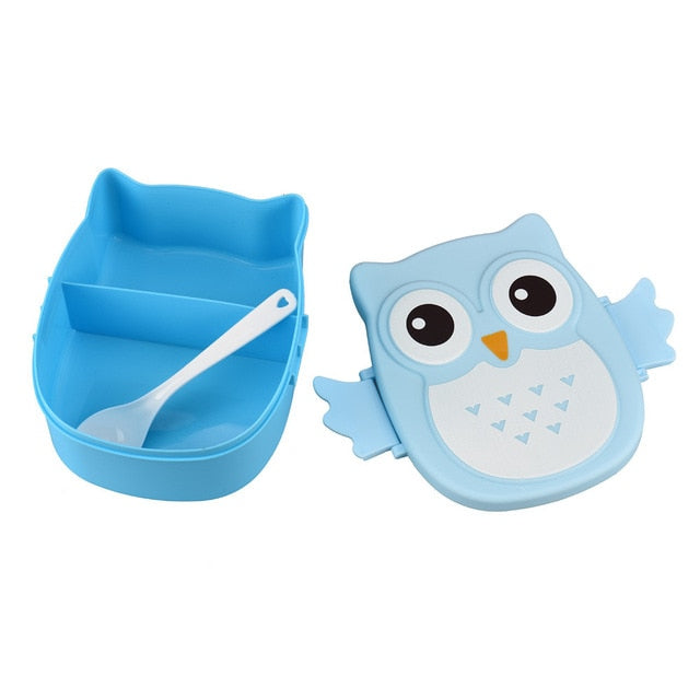 Blaue Eulen-Brotdose aus Kunststoff mit Löffel, Kinder-Lunchbox, Bento-Box.
