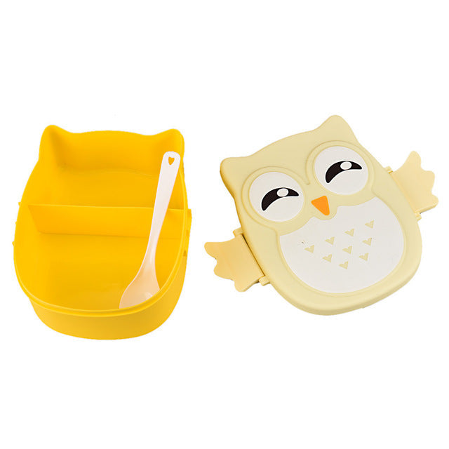 Gelbe Eulen-Brotdose aus Kunststoff mit Löffel, Kinder-Lunchbox, Bento-Box, niedliches Design.