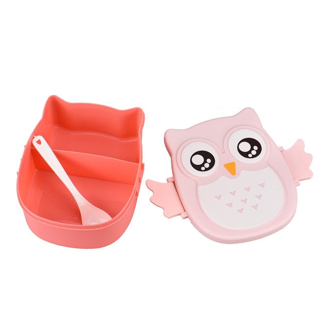 Rosa Eulen-Brotdose aus Kunststoff mit Löffel, Bento-Box für Kinder, niedliches Design.