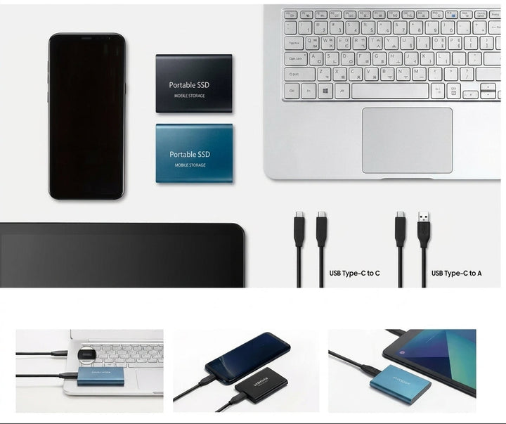 Dva disky vedle telefonu, notebooku a dvou USB kabelů, dole tři ukázky připojení k zařízením 5