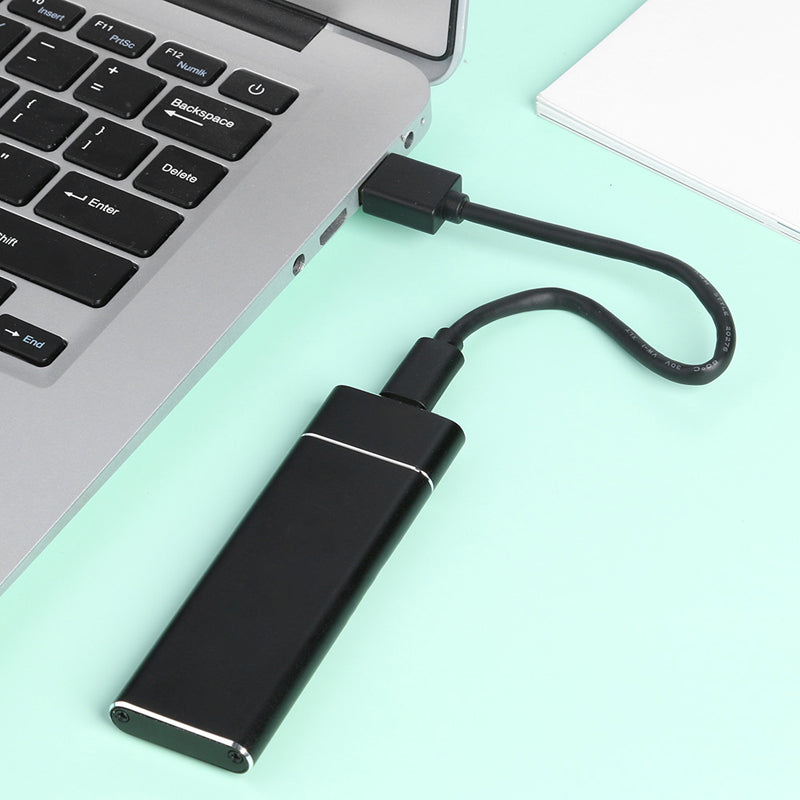 Schwarze externe SSD-Festplatte, USB-C, verbunden mit Laptop, auf mintgrünem Hintergrund.