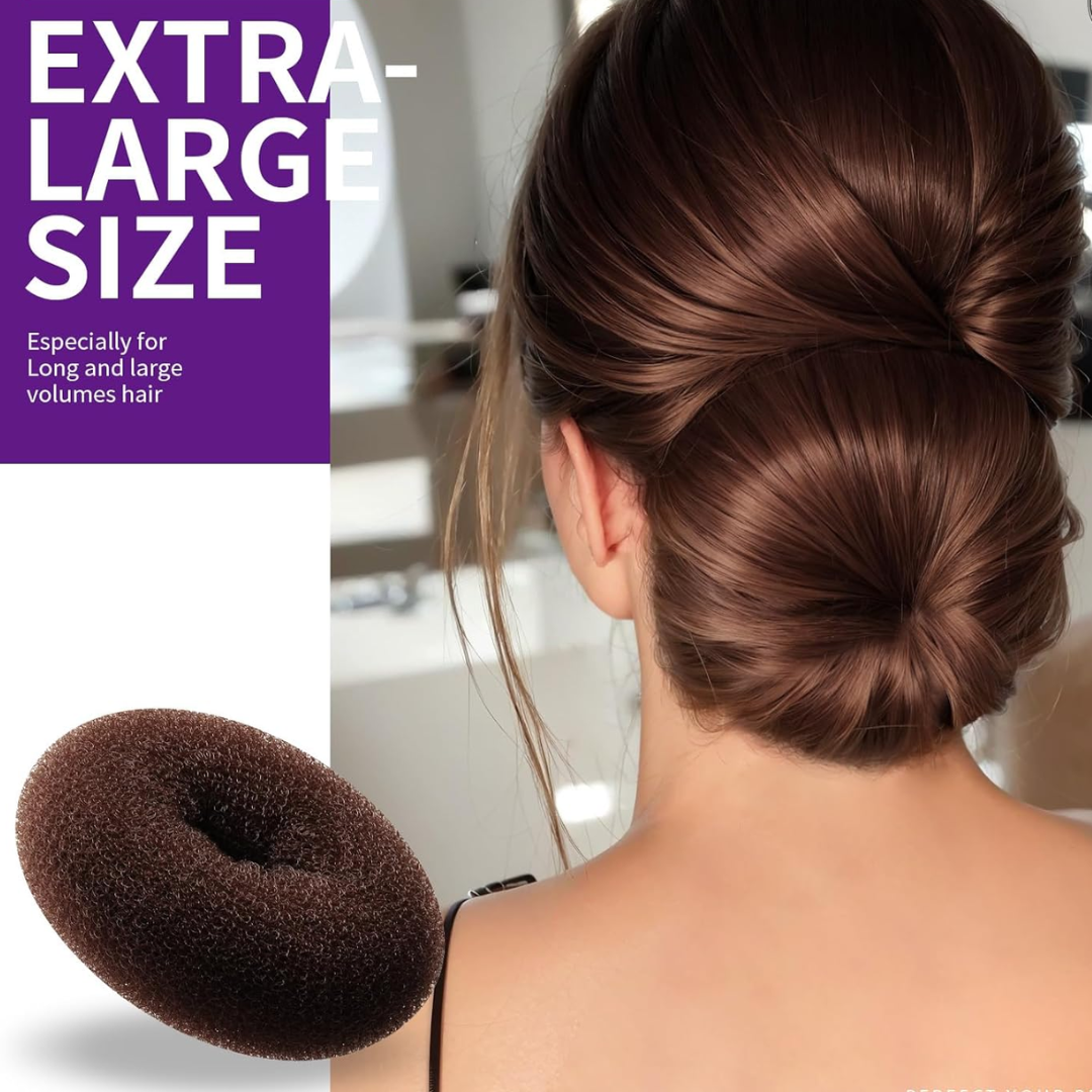 Frau mit Dutt, braunes Haar, extra-großer Duttkissen, Frisurenhilfe, Haarstyling-Zubehör.