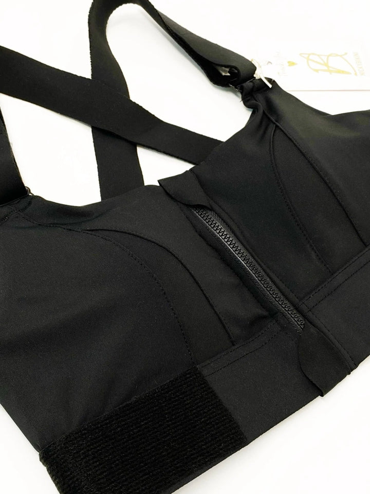 Schwarzer Sport-BH mit Reißverschluss, hoher Halt, Damen-Fitnessbekleidung, atmungsaktiv.
