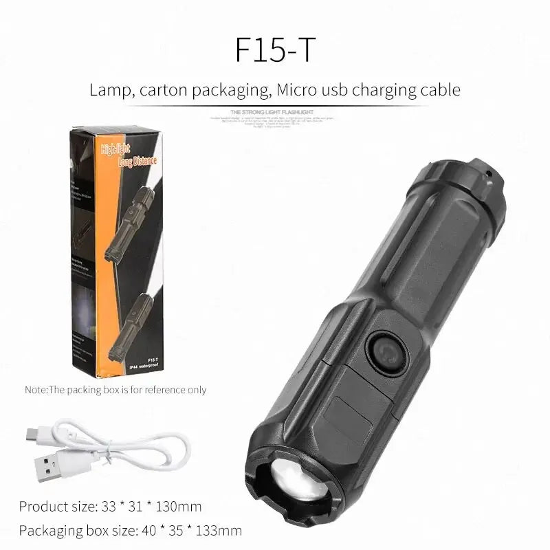 Schwarze LED-Taschenlampe F15-T mit USB-Ladekabel und Verpackung.