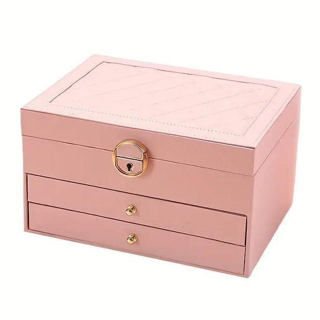 Rosa Schmuckkästchen mit Schloss, zwei Schubladen, Lederoptik, Aufbewahrung für Schmuck.