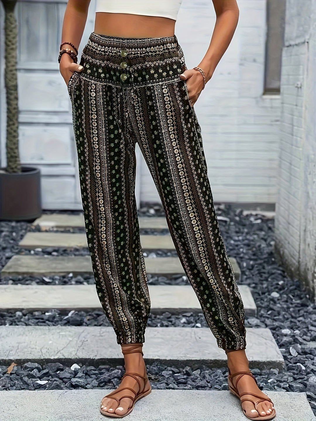Boho Haremové dámské kalhoty s potiskem a nabíraným pasem – Linara