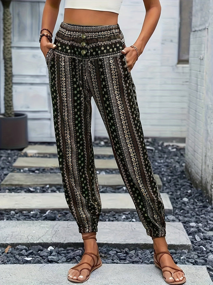 Boho Haremové dámské kalhoty s potiskem a nabíraným pasem – Linara
