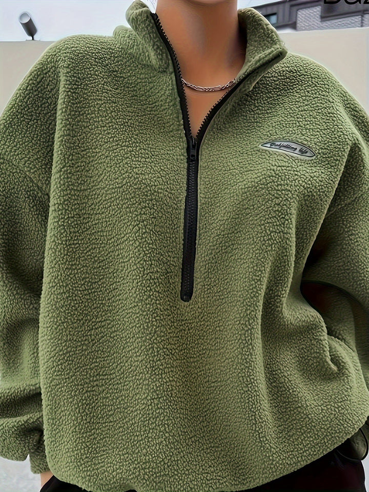 Grüne Fleecejacke mit Reißverschluss, Logo, Damenmode, Herbstbekleidung, warm, bequem.