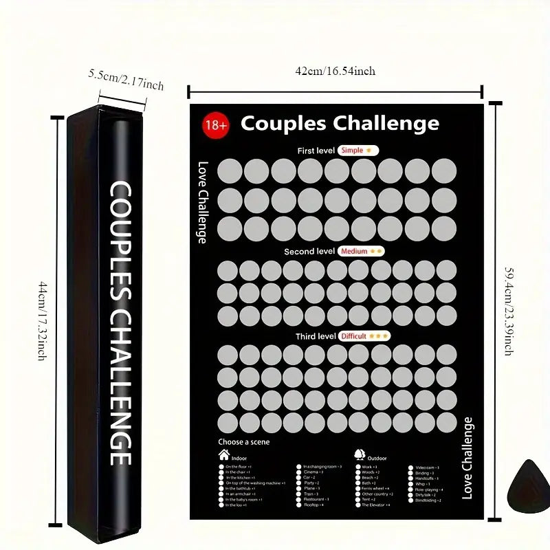 Paar-Challenge-Poster, schwarz, 18+, 42x59 cm, romantische Aufgaben, Geschenkidee für Paare.