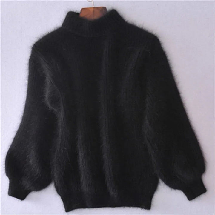 Schwarzer Damenpullover aus Mohair, langärmelig, warm, modisch, Winterkleidung.