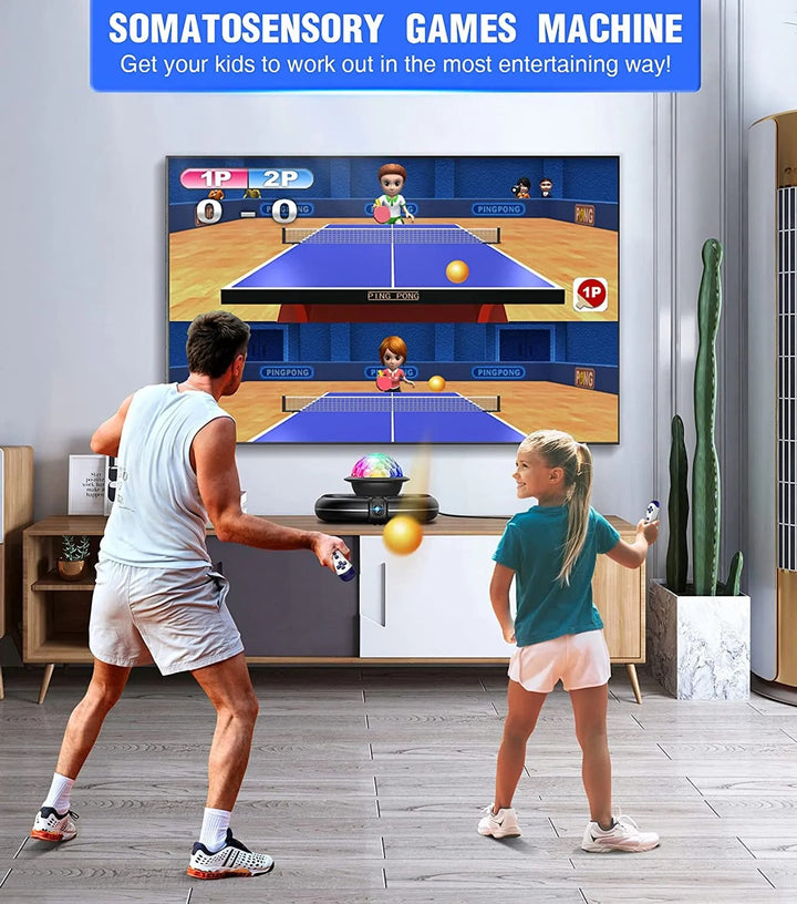 Erwachsener und Kind spielen Tischtennis-Videospiel auf großem Bildschirm im Wohnzimmer.