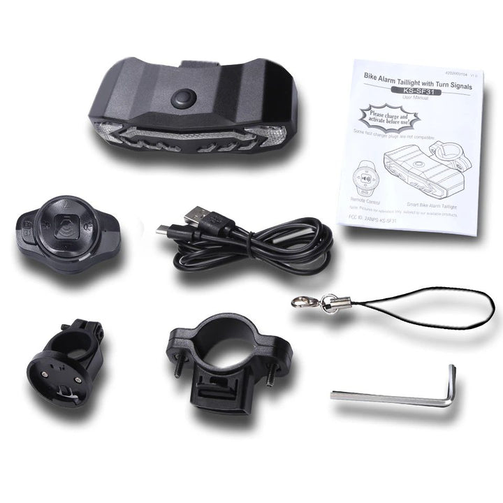 Fahrrad-Rücklicht-Alarm mit Blinker, schwarz, USB-Kabel, Halterung, Anleitung, Werkzeug.