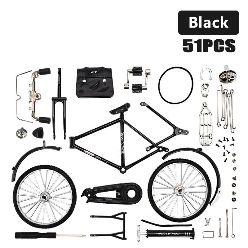 Schwarzes Fahrrad-Bausatz, 51 Teile, inklusive Rahmen, Räder, Pedale, Lenker, Zubehör.