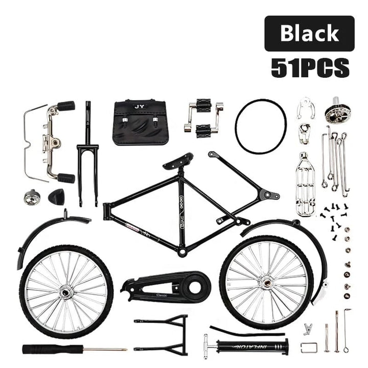 Schwarzes Fahrrad-Bausatz, 51 Teile, inklusive Rahmen, Räder, Pedale, Lenker, Zubehör.