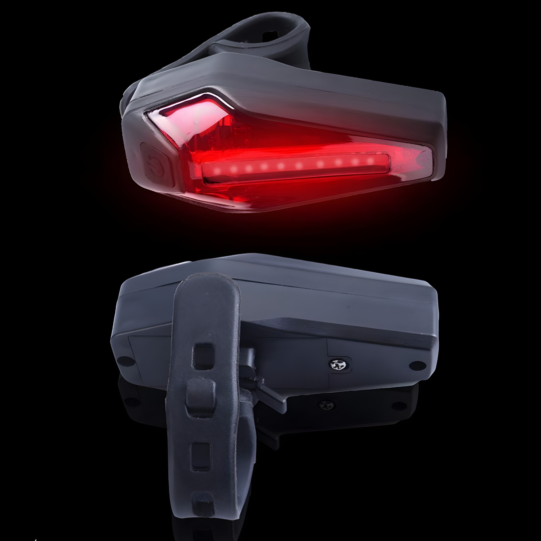 Schwarzes LED-Fahrrad-Rücklicht, wasserdicht, mit rotem Licht, für Sicherheit und Sichtbarkeit.
