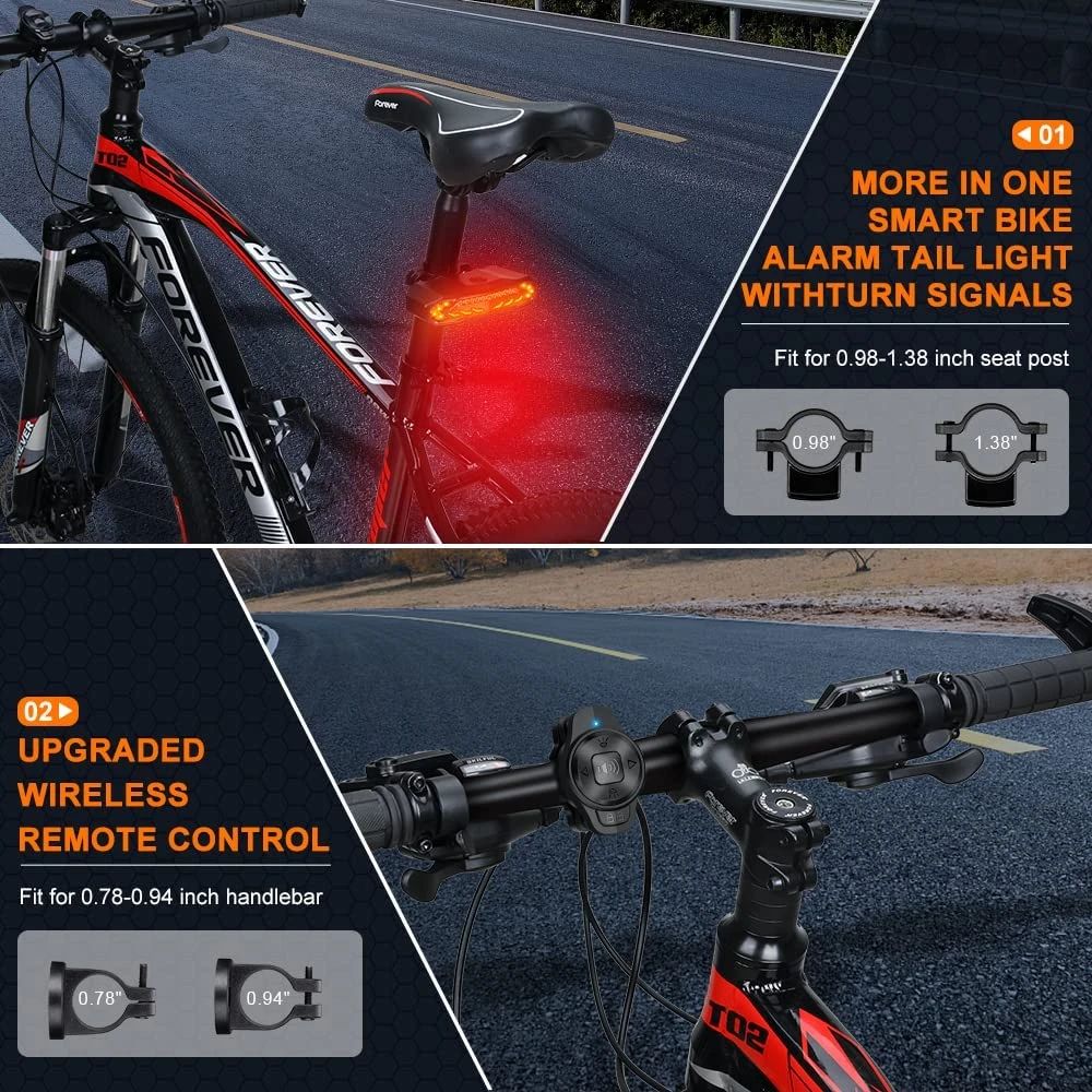 Rotes Fahrrad-Rücklicht mit Blinker, drahtlose Fernbedienung, passend für 0,98-1,38 Zoll Lenker.
