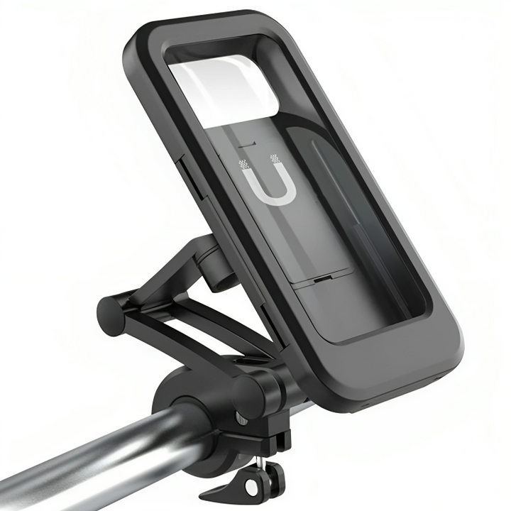 Schwarze Smartphone-Halterung für Fahrradlenker, verstellbar, robustes Design, wetterfest.