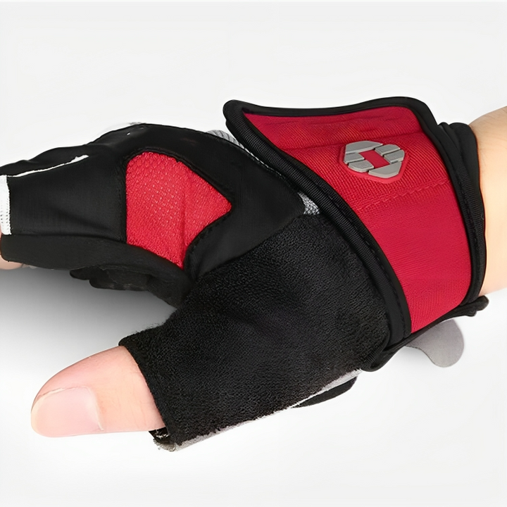 Schwarzer und roter Fahrradhandschuh, gepolstert, atmungsaktiv, für Radsport und Fitness.